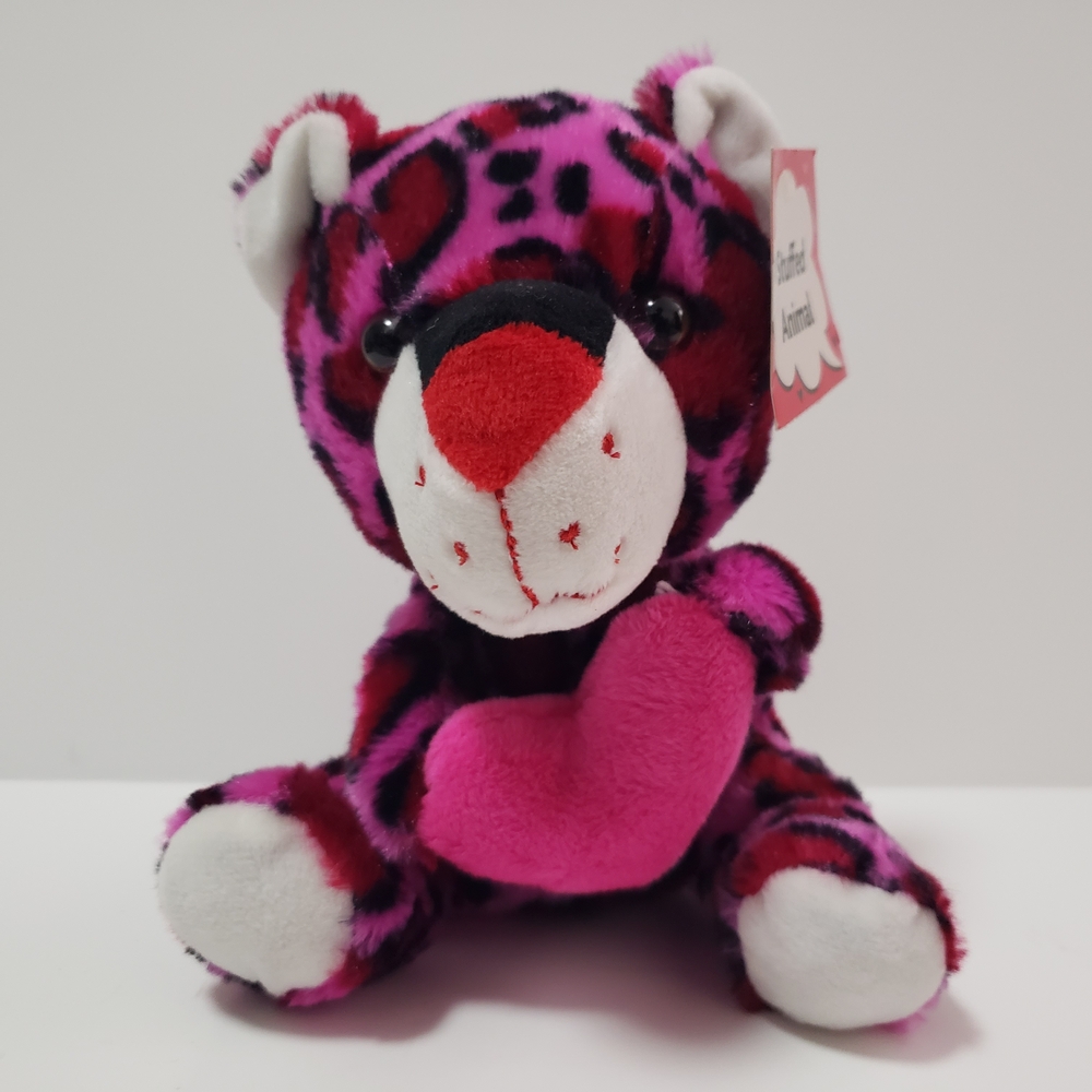 Midwood  Leopard Plush Stuffed Animal Pink Red Holding Heart Love Gift Vday